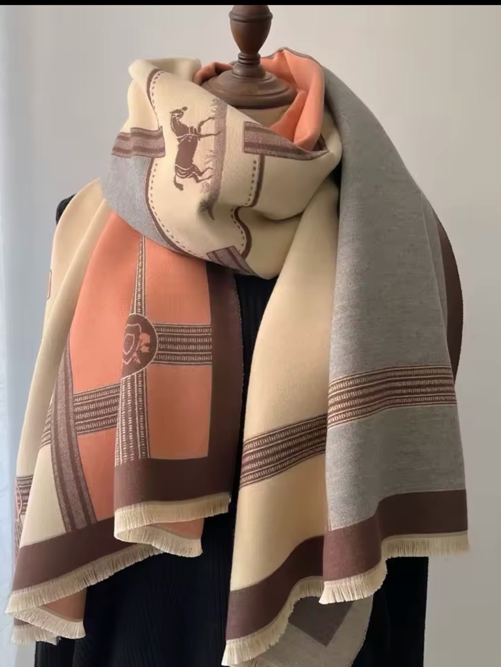 Cream, Peach & Gray Pattern Printed Wrap Scarf